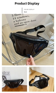 Detailed views of a black transparent PVC chest bag with metallic zippers and strap