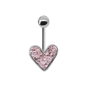 Macro shot of silver stainless steel belly button ring with pink glitter heart charm