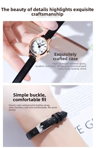 Detail of rose gold quartz watch with mineral glass and black alligator leather strap