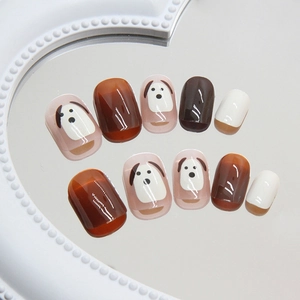 Cute puppy design short round press-on nails with caramel cat-eye and hand-painted art