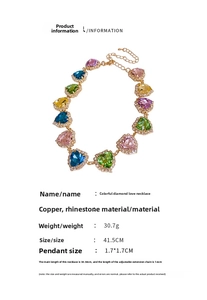 Detailed technical diagram of multi-color heart necklace with copper and rhinestone specs