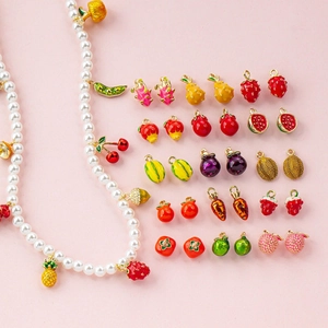 Fruit themed jewelry set featuring strawberry and watermelon pendants with pearl necklace