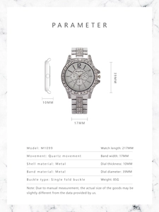 Detailed size specifications of the luxury full diamond silver quartz watch for men