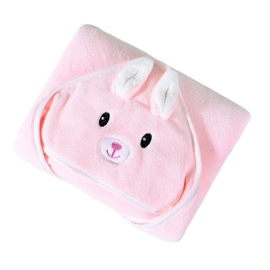 Pink coral fleece hooded baby towel with cute 3D rabbit ears and embroidered bunny face