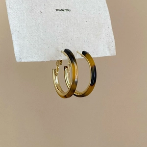Close-up of retro gold-tone hoop earrings with brown leopard print resin inlay on card