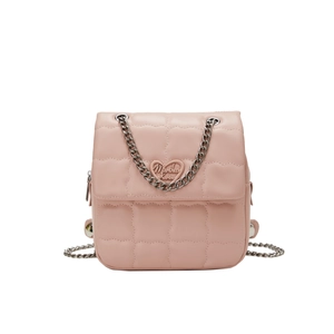 Close-up of pink quilted mini bag featuring silver chain strap and heart hardware