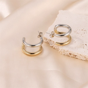 Minimalist U-shaped two-tone gold and silver stainless steel earrings for women