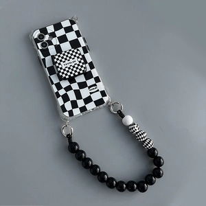 Checkered phone case with matching pop socket and beaded wrist strap set in black and white