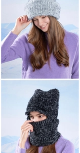Detail of warm winter knit hat with soft faux fur lining for windproof ear protection