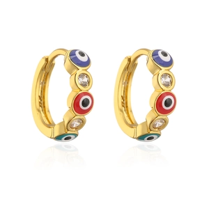 Detail of gold hoop earrings featuring colorful evil eye charms and cubic zirconia stones