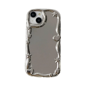 Irregular silver plating mirror iPhone case with 3D wavy edges and heart star embossing