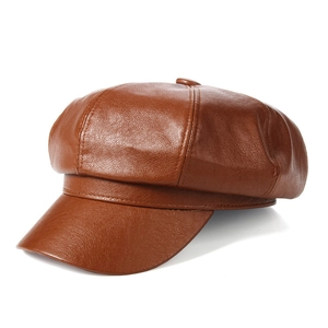 Classic brown leather newsboy octagonal cap for women with textured finish