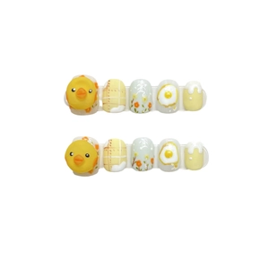 Handmade 3D yellow chick press-on nails set with floral and grid patterns