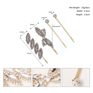 Detailed view of 4-piece rhinestone hair clip set with dimensions and crystal inlay