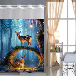 Detail of silver metal grommet rings on waffled fabric with mystical elk forest print