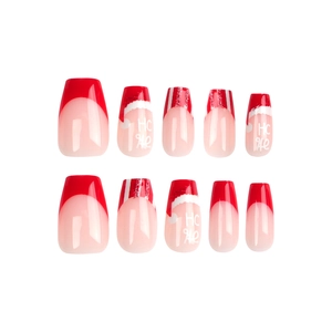 Festive French Christmas press-on nails with Santa hats and red white striped designs