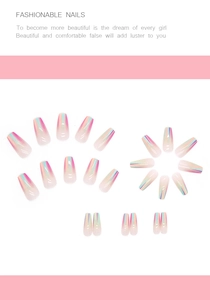 Detailed view of 24pcs medium coffin nails with pink and teal iridescent gradient finish