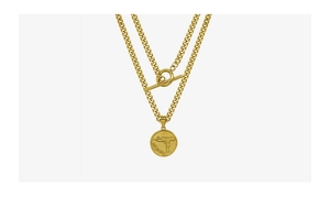 Detail of double-layer chunky chain necklace with OT buckle and gun coin pendant