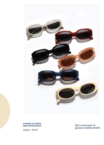Six assorted retro narrow rectangular sunglasses in ivory, red, black, and amber colors
