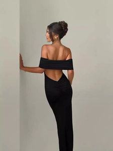 Sexy Off Shoulder Backless Bodycon Maxi Dress Ruched Elegant Evening Party Sleeveless Slim Fit Polyester Elastane