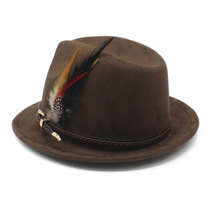 Detail of dark brown felt fedora featuring colorful feathers and braided leather band