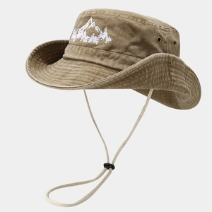 Outdoor khaki sun hat with mountain embroidery and adjustable chin strap for hiking