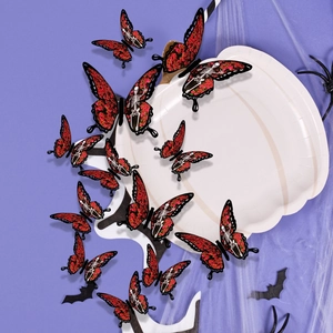 Detail of 14 red and black skull butterfly 3D stickers for Halloween wall decoration