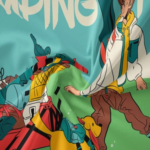 Détail du tissu de la tapisserie de camping avec imprimé dessin animé Scooby-Doo