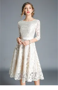 Close-up of intricate floral lace embroidery and sleeve detail on white midi dress