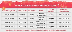 Size chart for pink flocked Christmas trees showing heights from 50cm to 180cm with specs