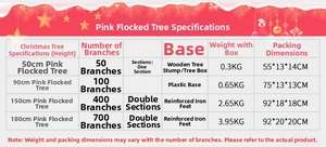 Size chart for pink flocked Christmas trees showing heights from 50cm to 180cm with specs