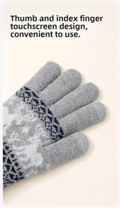 Detail of touchscreen-compatible thumb and index finger on gray snowflake knit gloves