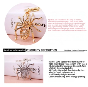 Macro detail of diamond-encrusted spider keychain showing shiny zinc alloy and enamel finish