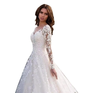 Elegant white lace A-line wedding dress with long sleeves and floral appliques