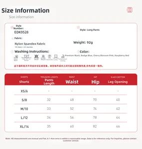 Tableau des tailles détaillé pour shorts de yoga en nylon et élasthanne extensible