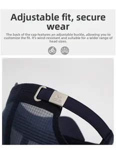 Détail de la casquette de baseball en mesh bleu marine avec boucle réglable en métal