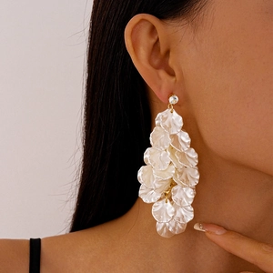 Elegant white acrylic petal tassel drop earrings with zircon studs for women