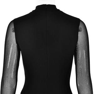 Detail of black bodycon dress featuring sheer mesh long sleeves and back zipper closure