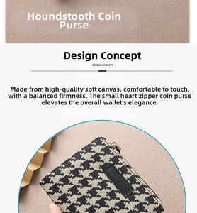 Detailed view of houndstooth canvas coin purse with zipper and brand label on fabric