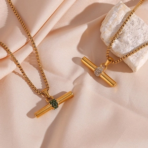Minimalist Stainless Steel T-Bar Pendant Necklace For Women 18K Gold Plated Cylinder Geometric Zirconia Inlaid Fashion Jewelry