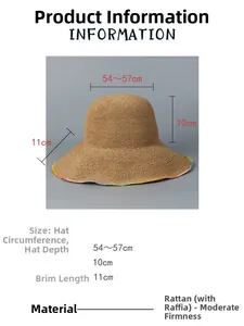 Detail view of straw sun hat showing dimensions with a 54-57cm circumference and 11cm brim