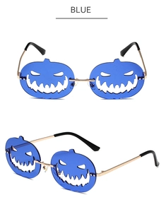 Blue pumpkin-shaped Halloween sunglasses with hollow lenses and gold metal temples