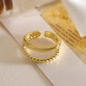Minimalist double-layer gold plated geometric open ring with twisted rope pattern detail