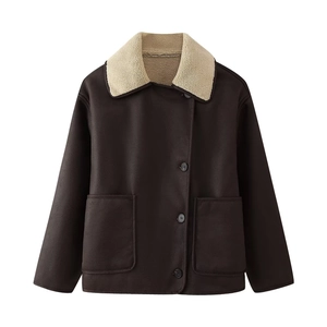 Women Faux Suede Sherpa Jacket Lapel Collar Loose Fit Coat Single Breasted Large Pockets Winter Outerwear Brown
