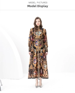 Detailed close-up of vintage baroque print maxi dress with stand collar and lantern sleeves