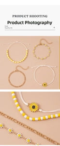Detalle del set de pulseras de girasol con cuentas amarillas y cadenas de margaritas