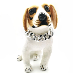 Shiny silver chunky Cuban link dog collar for medium and large pets on a dog model