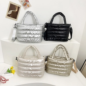 Chic quilted down tote bag for women in four metallic colors with adjustable straps