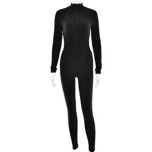Slim fit black long sleeve bodysuit with front zipper and glossy finish on a white background