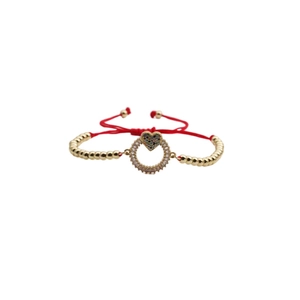 Adjustable red woven bracelet with gold beads and colorful zircon heart centerpiece